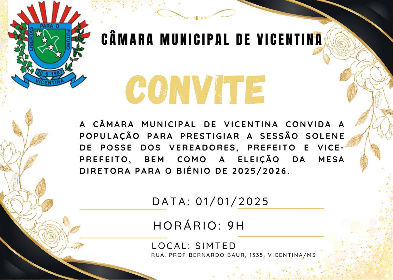 CONVITE: Sessão Solene de Posse do Prefeito, Vice-Prefeito e Vereadores, bem como a eleição da Mesa Diretora para o biênio 2025/2026